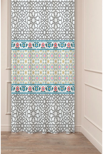 Islamic Geometric Star Mosaic Drapery Curtain - Traditional Turkish Iznik Tile Pattern Panel Textured Fabric Grey Turquoise Boho Living Room Window Treatment