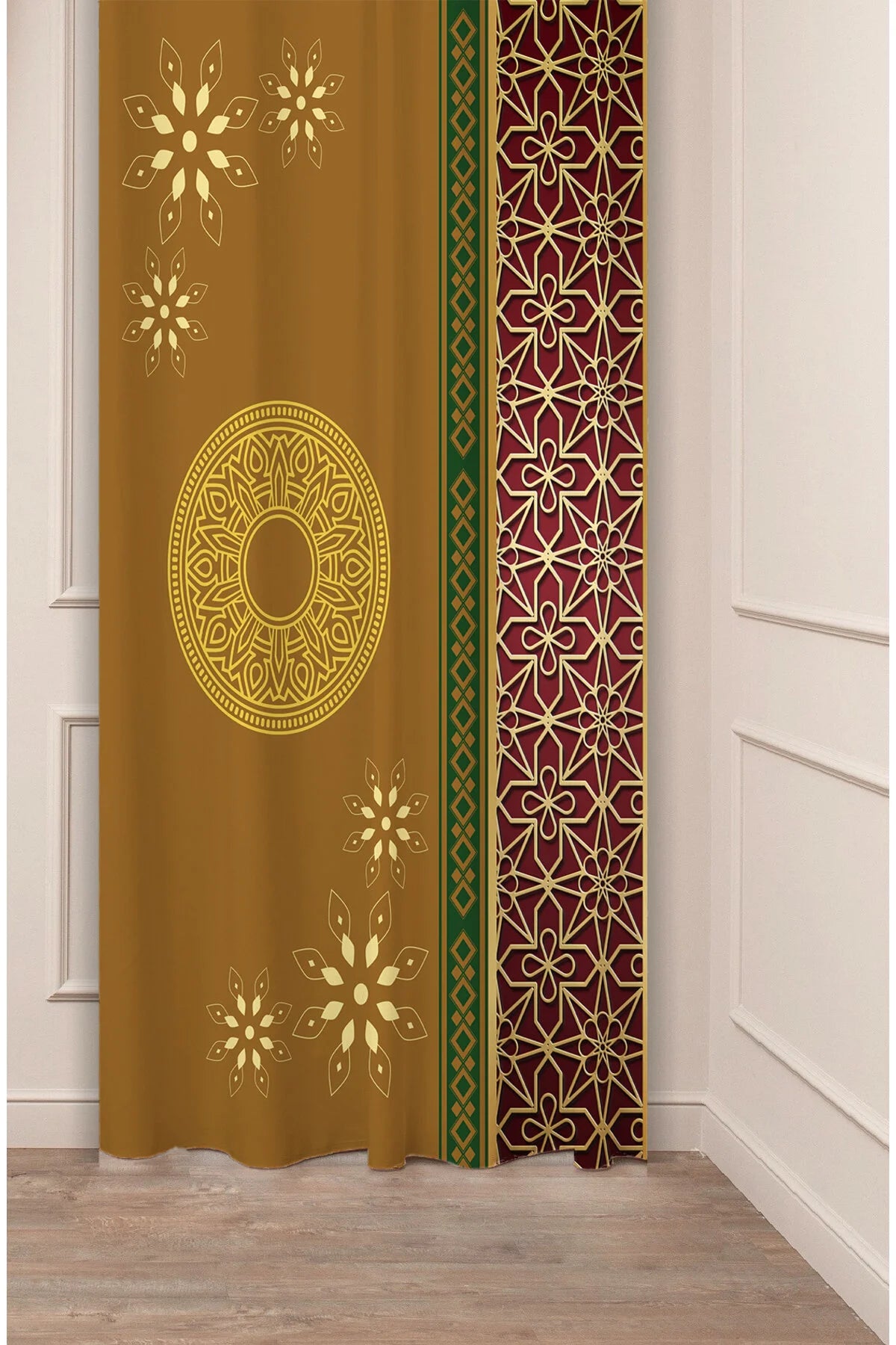 Traditional Islamic Mandala Geometric Drapery Curtain - Elegant Gold Arabesque Medallion Panel Textured Fabric Deep Maroon Crimson Boho Window Treatment