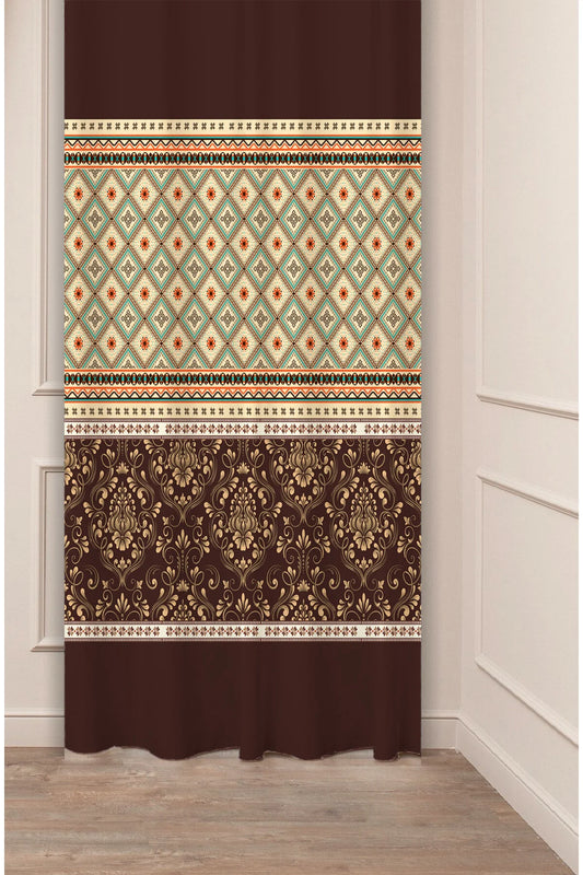 Anatolian Kilim & Ottoman Damask Drapery Curtain - Traditional Geometric Diamond Pattern Panel Textured Fabric Chocolate Kahverengi Boho Living Room Window Treatment