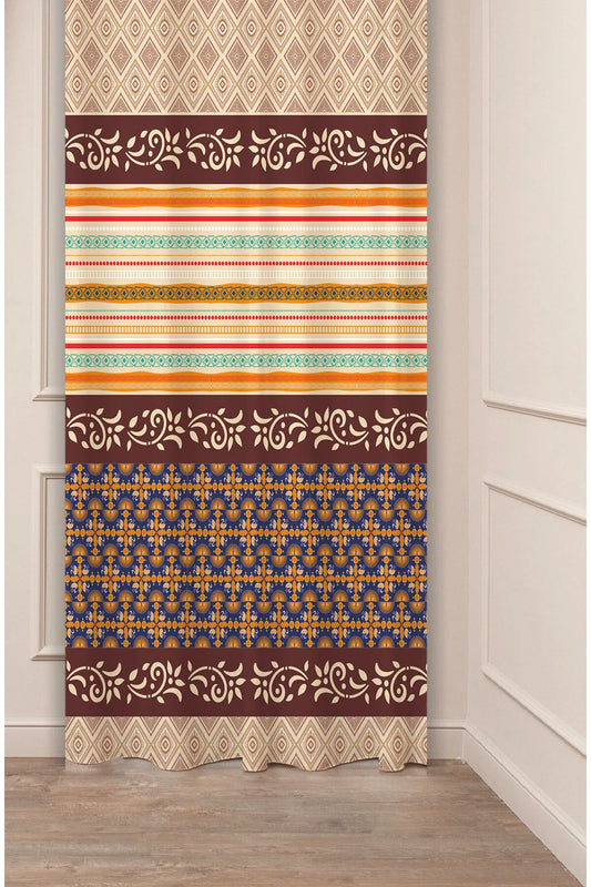 Anatolian Multi-Color Patchwork Kilim Drapery Curtain - Traditional Geometric Striped Panel Textured Fabric Earth Tones Boho Living Room Window Treatment