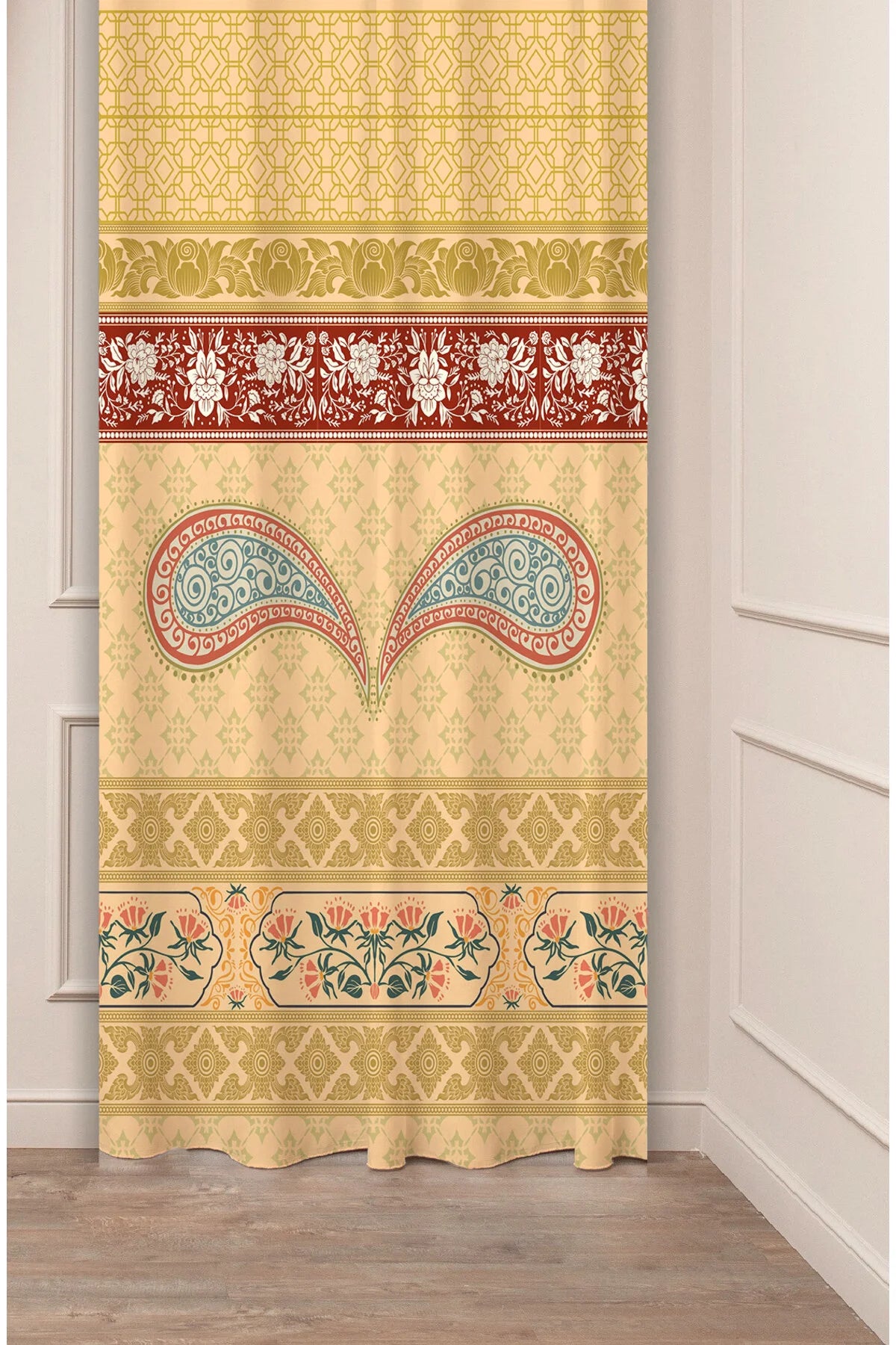 Traditional Paisley & Ottoman Motif Drapery Curtain - Elegant Yellow Gold Arabesque Panel Textured Fabric Terracotta Red Boho Living Room Window Treatment