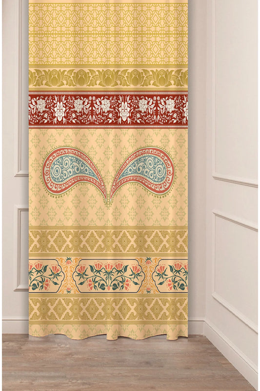 Traditional Paisley & Ottoman Motif Drapery Curtain - Elegant Yellow Gold Arabesque Panel Textured Fabric Terracotta Red Boho Living Room Window Treatment