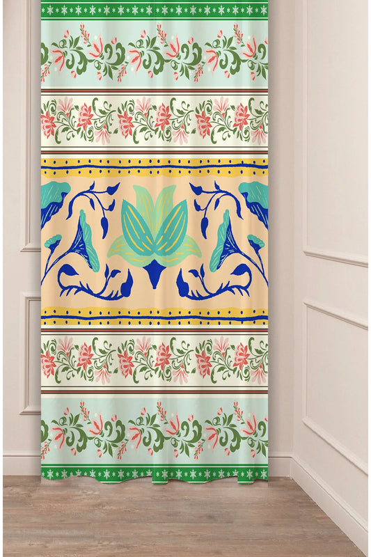 Traditional Turkish Tulip Iznik Pattern Drapery Curtain - Elegant Mediterranean Floral Panel Textured Fabric Turkuaz Turquoise Boho Living Room Window Treatment