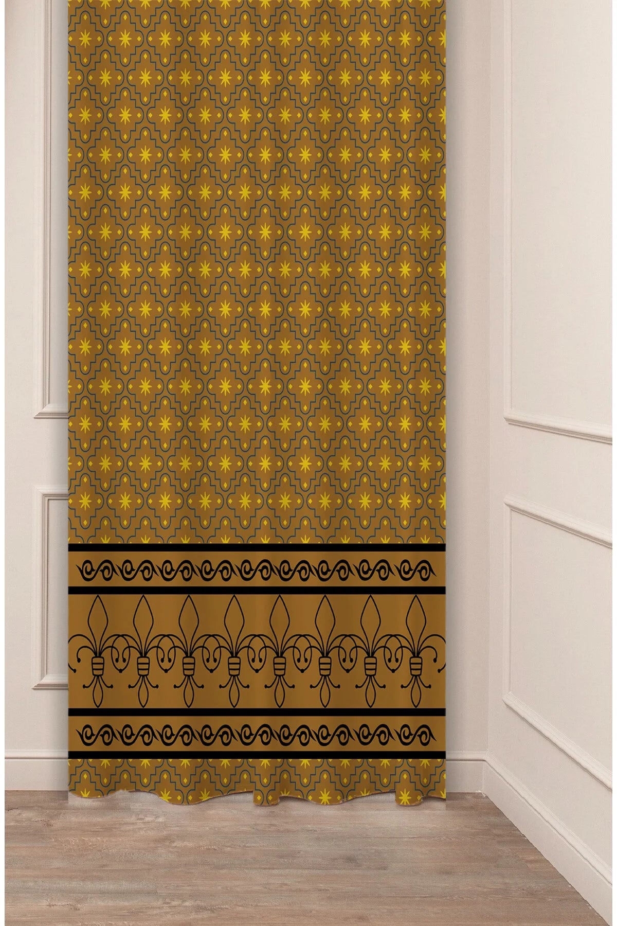 Classic Gold Islamic Star Lattice Drapery Curtain - Elegant Fleur-de-Lis Border Panel Textured Fabric Turuncu Orange Boho Living Room Window Treatment