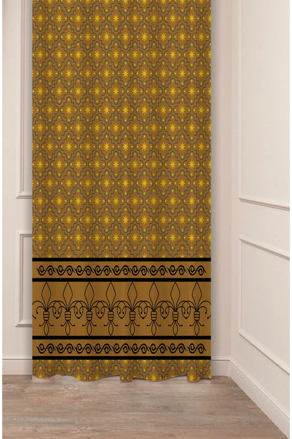 Classic Gold Islamic Star Lattice Drapery Curtain - Elegant Fleur-de-Lis Border Panel Textured Fabric Turuncu Orange Boho Living Room Window Treatment