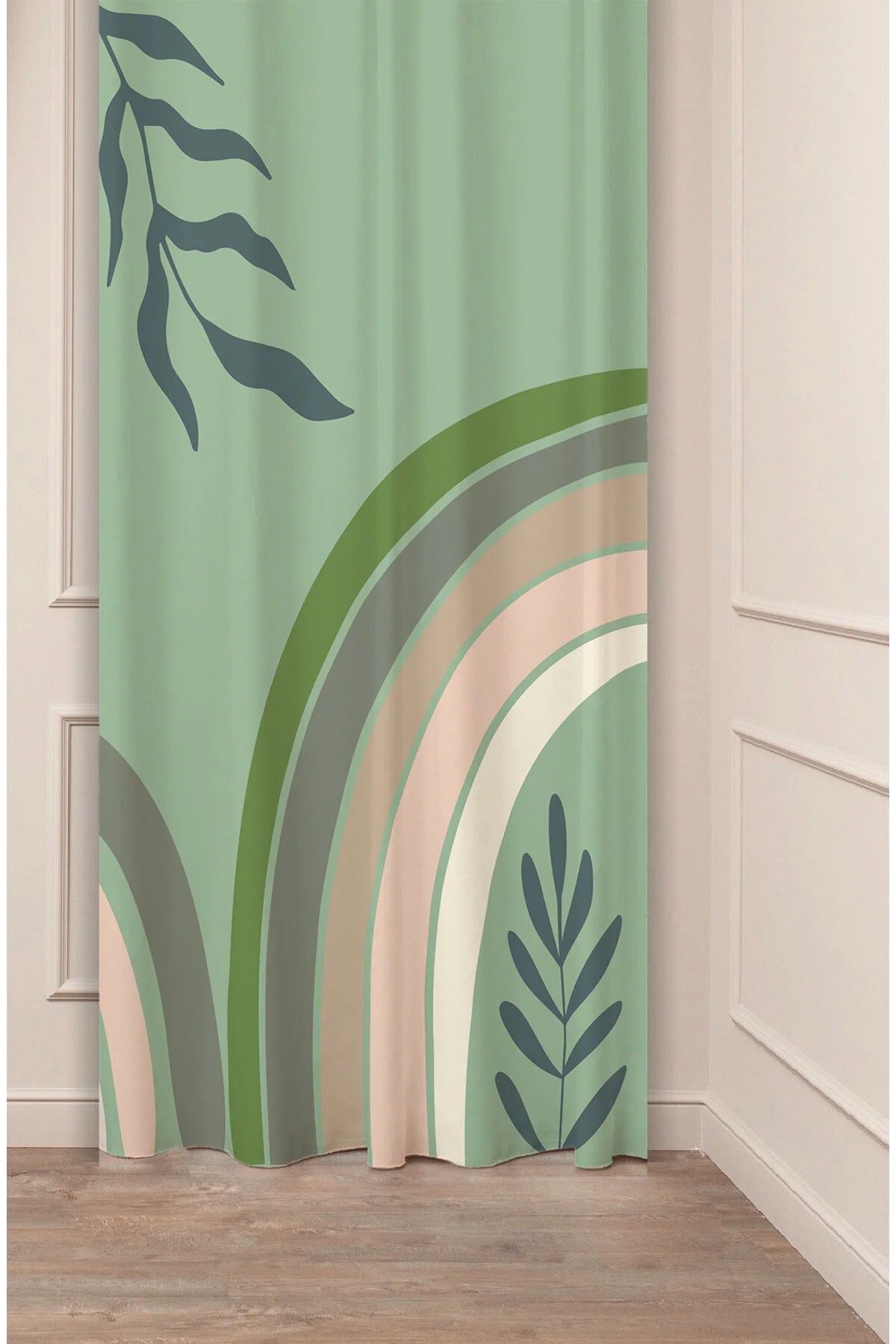Minimalist Boho Sage Green Abstract Arch Drapery Curtain - Botanical Leaf Branch Print Panel Textured Fabric Khaki Haki Scandinavian Living Room Window Treatment