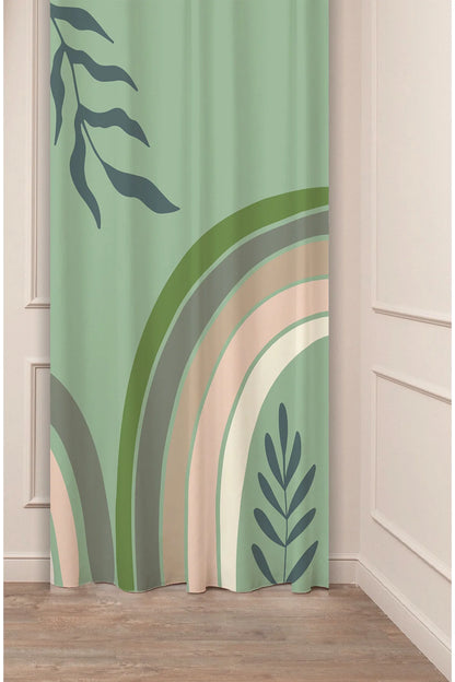 Minimalist Boho Sage Green Abstract Arch Drapery Curtain - Botanical Leaf Branch Print Panel Textured Fabric Khaki Haki Scandinavian Living Room Window Treatment