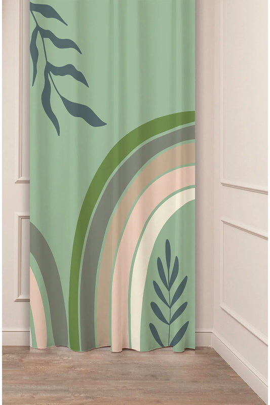 Minimalist Boho Sage Green Abstract Arch Drapery Curtain - Botanical Leaf Branch Print Panel Textured Fabric Khaki Haki Scandinavian Living Room Window Treatment