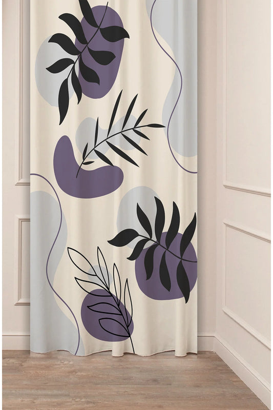Minimalist Boho Dusty Purple Abstract Shape Drapery Curtain - Contemporary Botanical Leaf Branch Print Panel Textured Fabric Mor Violet Scandinavian Living Room Window Treatment