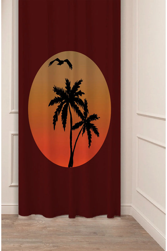 Minimalist Boho Palm Tree Sunset Drapery Curtain - Tropical Silhouette Sun Circle Print Panel Textured Fabric Burgundy Kırmızı Bohemian Living Room Window Treatment