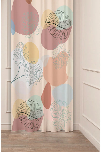 Minimalist Boho Monstera Leaf Line Art Drapery Curtain - Tropical Pastel Abstract Blob Pattern Panel Textured Fabric Soft Turkuaz Turquoise Scandinavian Living Room Window Treatment