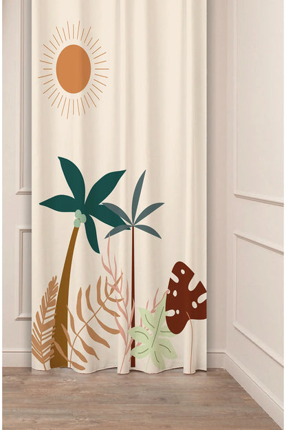 Boho Palm Leaf & Sun Curtain - Soft Beige Minimalist Digital Printed Single Panel Drape for Tropical Aesthetic Home Decor