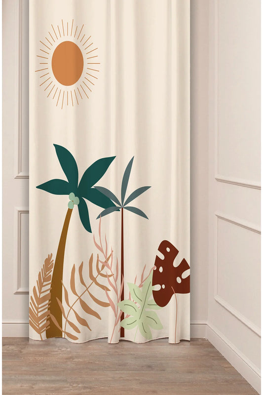 Boho Palm Leaf & Sun Curtain - Soft Beige Minimalist Digital Printed Single Panel Drape for Tropical Aesthetic Home Decor