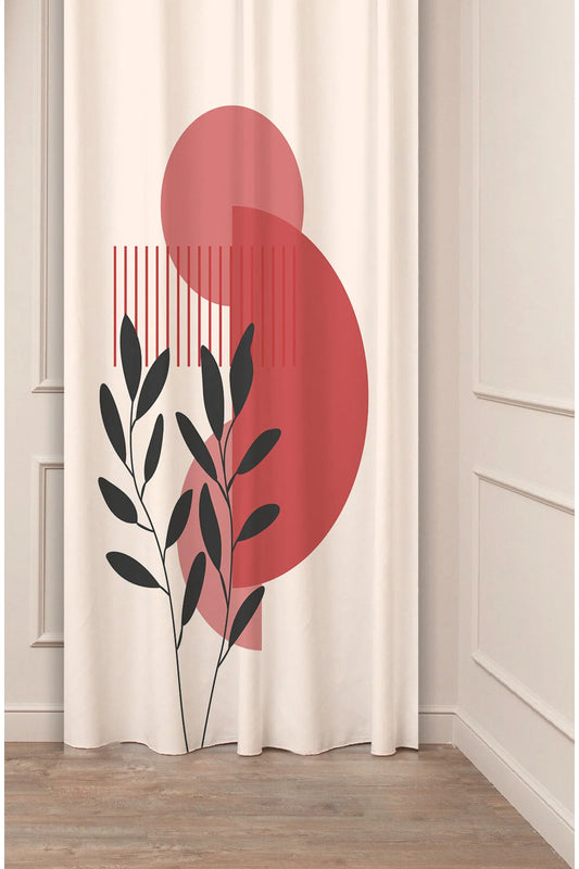 Minimalist Boho Terracotta Red Geometric Circle Drapery Curtain - Botanical Leaf Branch Print Panel Textured Fabric Kırmızı Red Scandinavian Living Room Window Treatment