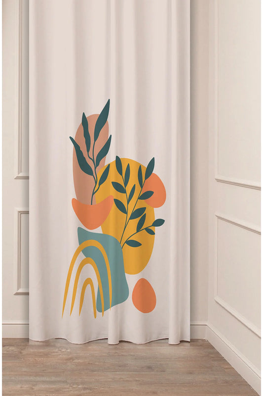 Minimalist Boho Abstract Terracotta & Teal Leaf Drapery Curtain - Tropical Botanical Branch Print Panel Textured Fabric Turuncu Orange Scandinavian Living Room Window Treatment