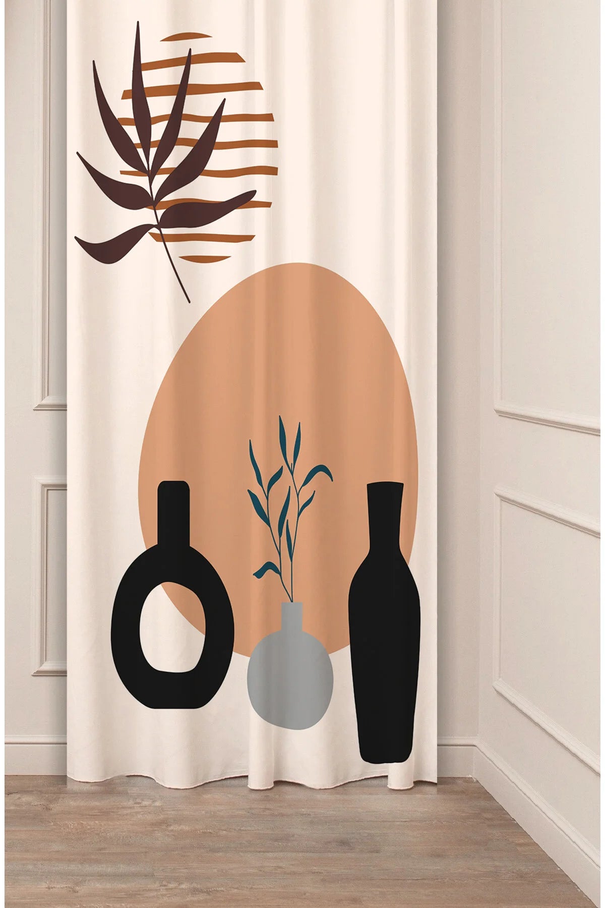 Minimalist Boho Ceramic Vase & Leaf Line Art Drapery Curtain - Terracotta Sun Abstract Arch Panel Textured Fabric Turuncu Orange Scandinavian Living Room Window Treatment