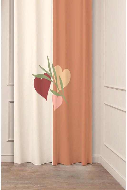 Minimalist Boho Heart & Botanical Leaf Drapery Curtain - Split Cream & Terracotta Color Block Panel Textured Fabric Bej Beige Scandinavian Living Room Window Treatment