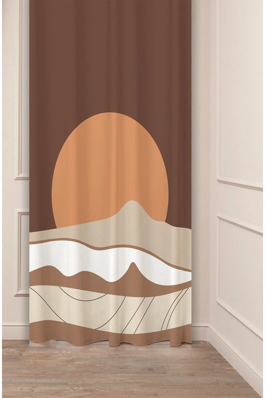 Minimalist Boho Sun & Desert Mountain Drapery Curtain - Abstract Terracotta Dunes Panel Textured Fabric Bordo Burgundy Scandinavian Living Room Window Treatment