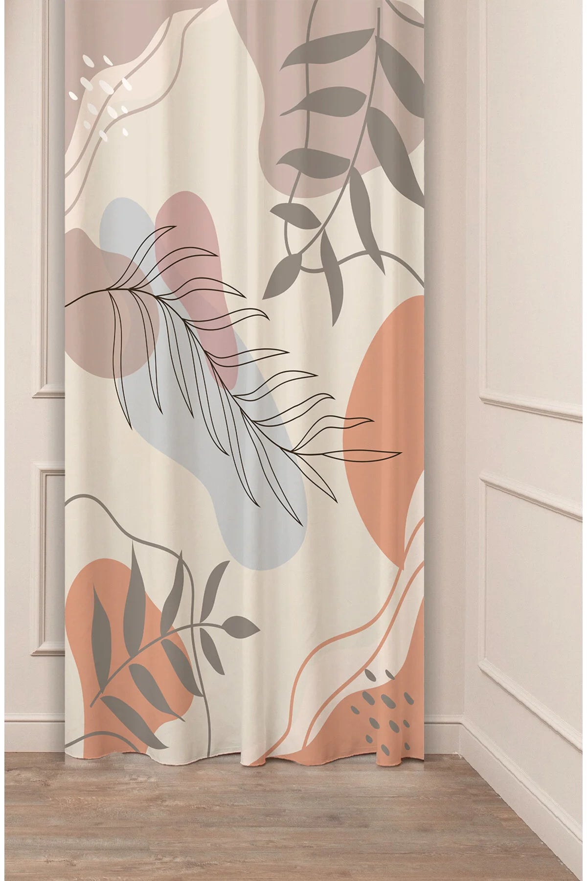 Minimalist Boho Abstract Pastel Blob & Leaf Drapery Curtain - Tropical Botanical Line Art Panel Textured Fabric Çok Renkli Multi Color Scandinavian Living Room Window Treatment