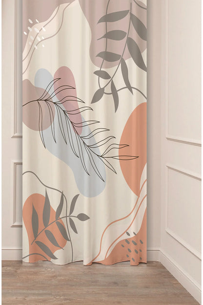 Minimalist Boho Abstract Pastel Blob & Leaf Drapery Curtain - Tropical Botanical Line Art Panel Textured Fabric Çok Renkli Multi Color Scandinavian Living Room Window Treatment