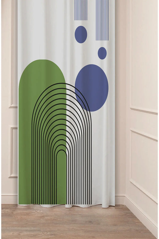 Minimalist Boho Olive Green & Navy Blue Geometric Arch Drapery Curtain - Abstract Line Art Circles Panel Textured Fabric Lacivert Navy Scandinavian Living Room Window Treatment