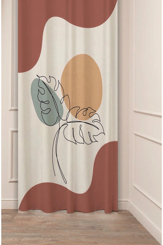 Minimalist Boho Abstract Terracotta Waves Drapery Curtain - Tropical Monstera Leaf Line Art Panel Textured Fabric Kahverengi Brown Scandinavian Living Room Window Treatment