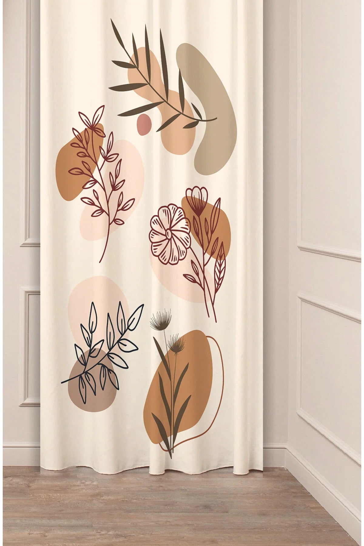 Minimalist Boho Abstract Terracotta & Sage Leaf Drapery Curtain - Floral Botanical Branch Pattern Panel Textured Fabric Krem Cream Scandinavian Living Room Window Treatment