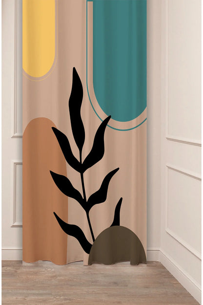 Minimalist Boho Teal Green & Terracotta Geometric Arch Drapery Curtain - Black Leaf Branch Silhouette Panel Textured Fabric Kahverengi Brown Scandinavian Living Room Window Treatment
