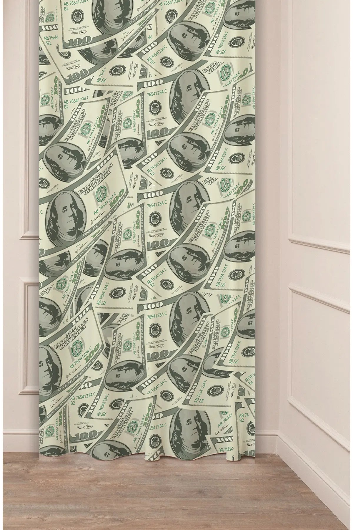 US Dollar Money Bills Patterned Drapery Curtain - 100 Dollar Cash Banknote Print Panel Textured Fabric Yeşil Green Luxury Living Room & Office Window Treatment