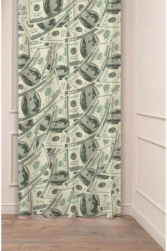 US Dollar Money Bills Patterned Drapery Curtain - 100 Dollar Cash Banknote Print Panel Textured Fabric Yeşil Green Luxury Living Room & Office Window Treatment