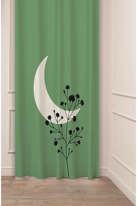 Bohemian Minimalist Crescent Moon & Floral Drapery Curtain - Sage Green Backdrop & Wildflower Silhouette Panel Textured Fabric Yeşil Green Living Room & Bedroom Window Treatment