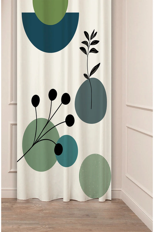 Minimalist Boho Sage Green & Petrol Blue Circle Drapery Curtain - Abstract Botanical Branch & Dots Panel Textured Fabric Kahverengi Brown Scandinavian Living Room Window Treatment