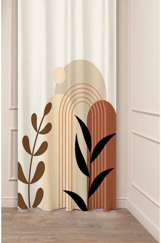 Minimalist Boho Terracotta & Warm Beige Arch Drapery Curtain - Botanical Leaf Silhouettes Panel Textured Fabric Altın Gold Scandinavian Living Room Window Treatment