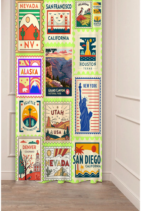 Vintage USA Travel Stamp Curtains - Retro National Park & City Art Drapes