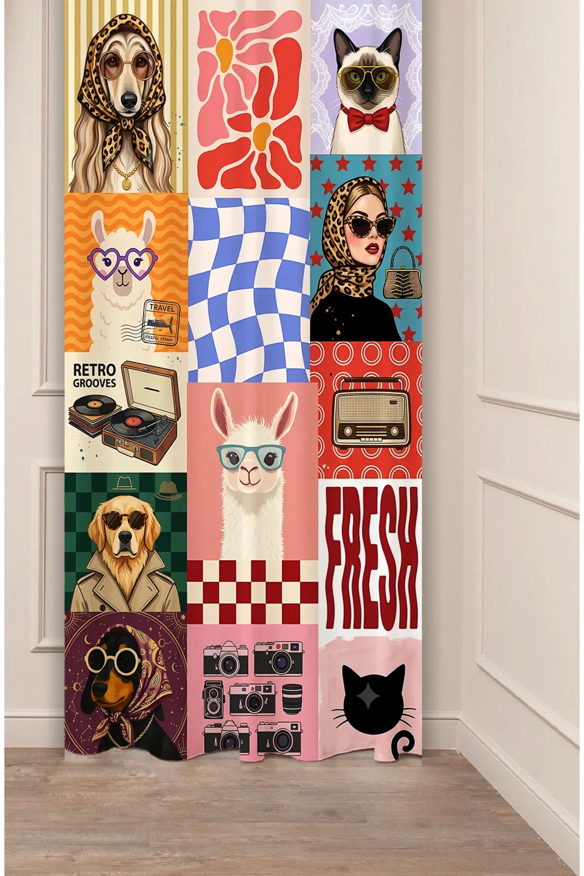 Retro Pop Art Dog & Cat Collage Curtains - Quirky Vintage Animal Printed Drapes