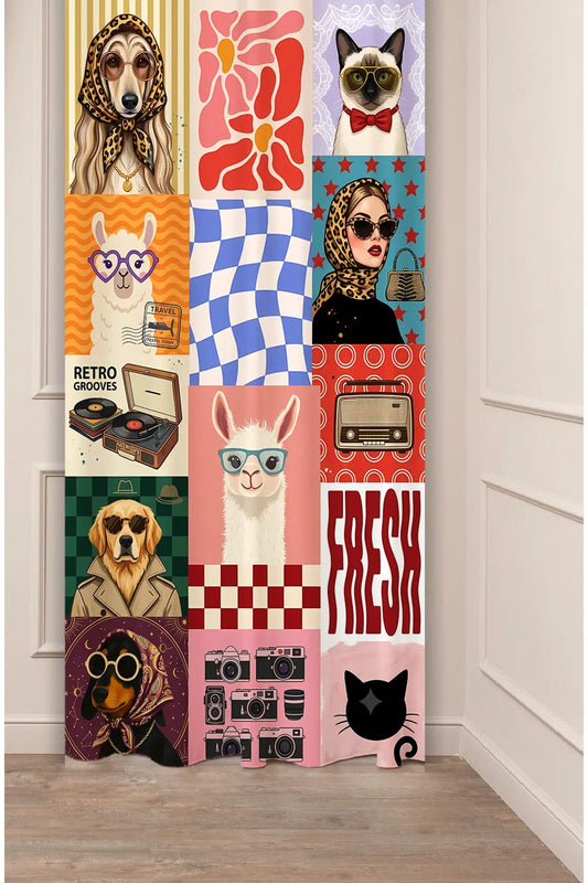 Retro Pop Art Dog & Cat Collage Curtains - Quirky Vintage Animal Printed Drapes