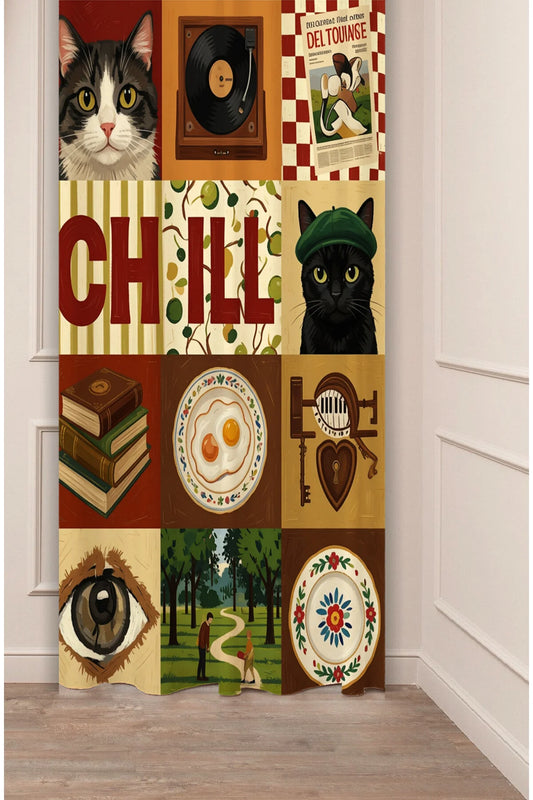 Retro Chill Cat & Vinyl Record Curtains - Cozy Aesthetic Printed Drapes