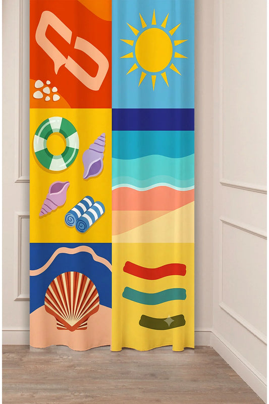 Summer Coastal Collage Printed Curtains - Beach & Shell Aesthetic Drapes