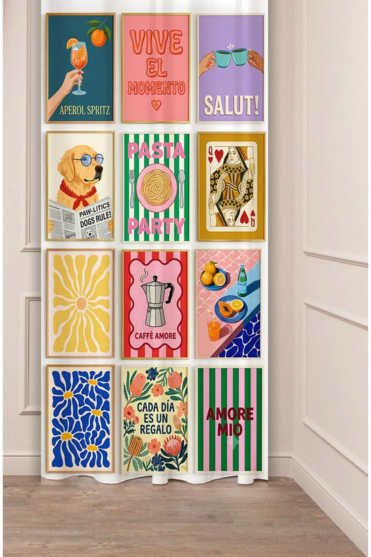Aesthetic Retro Collage Printed Curtains - Eclectic Danish Pastel Drapes