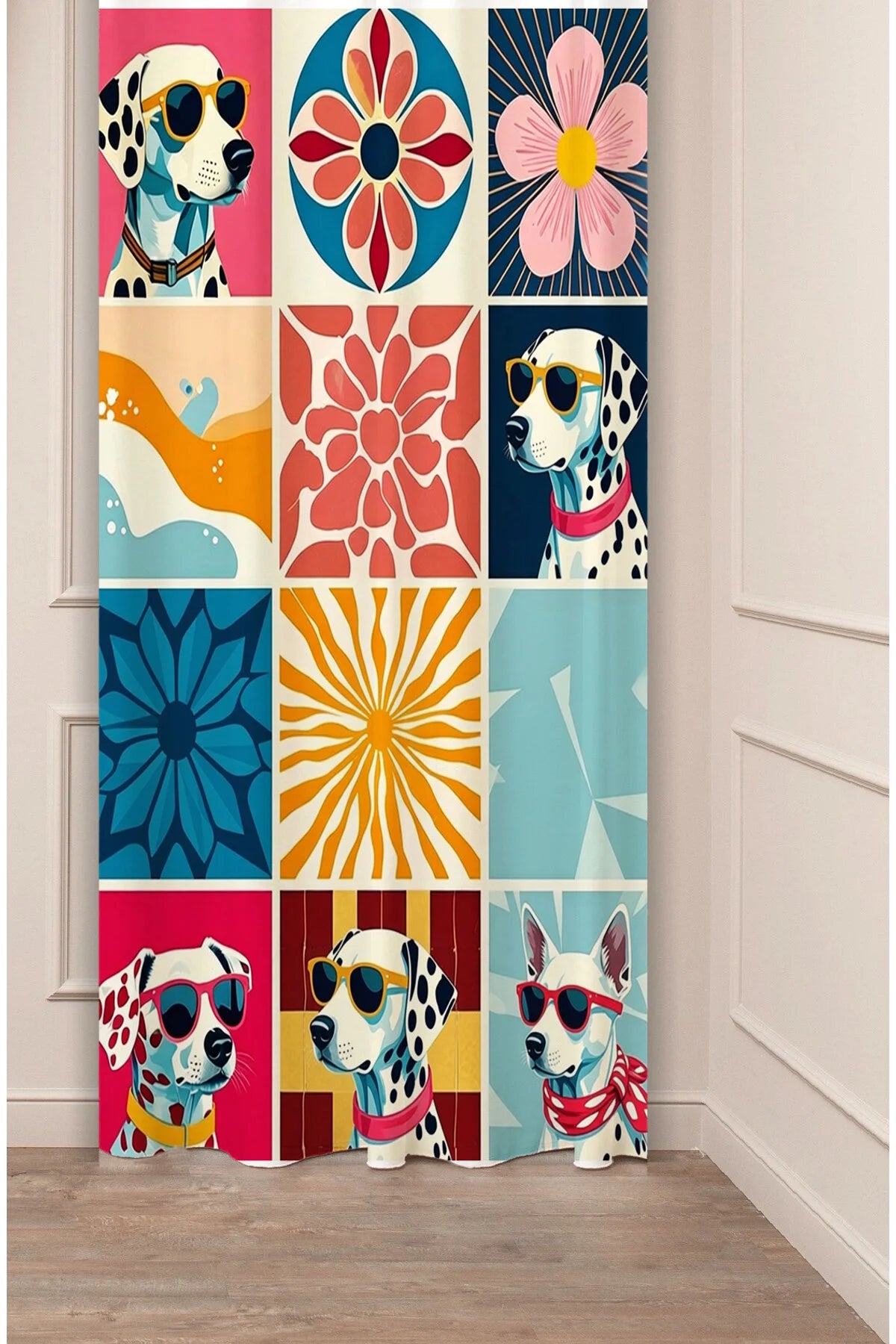 Retro Dalmatian & Floral Printed Curtains - Funky Cool Dog Art Drapes