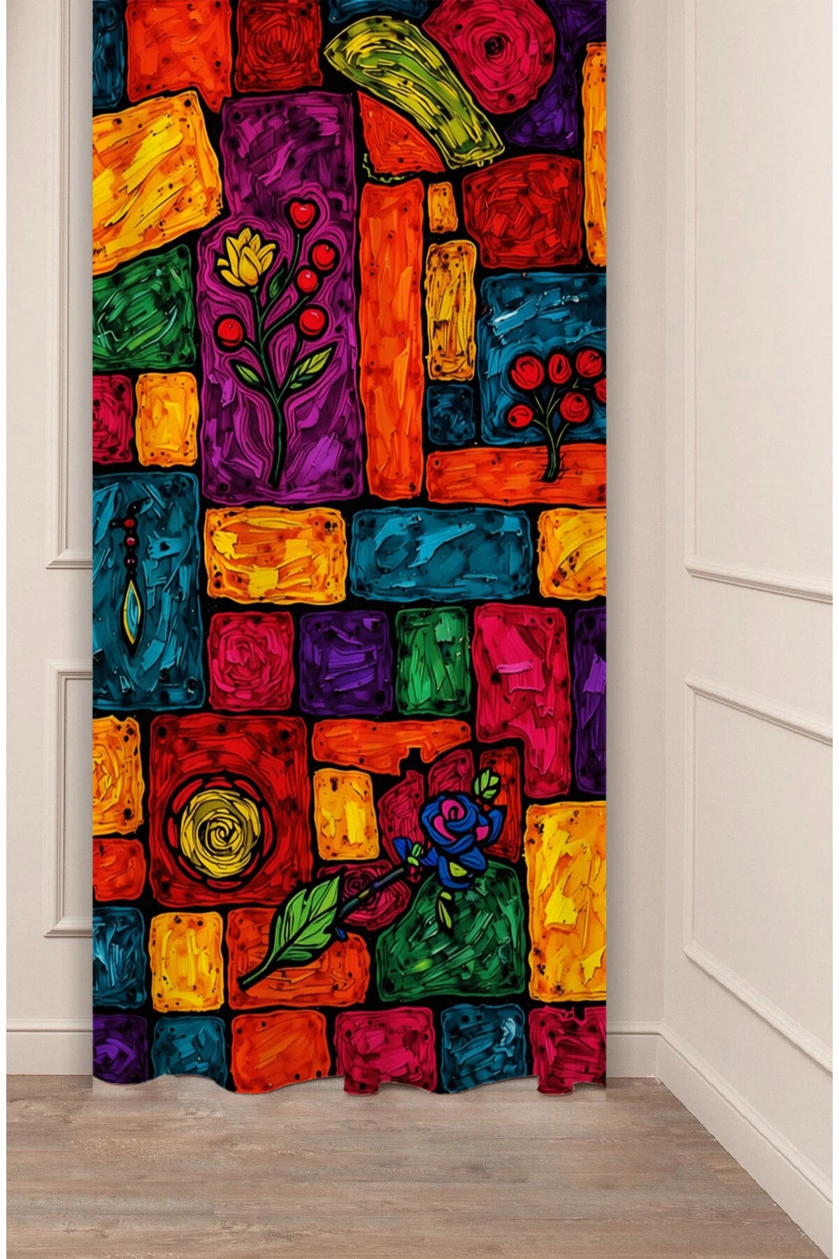 Stained Glass Floral Printed Curtains - Vibrant Mosaic Abstract Drapes