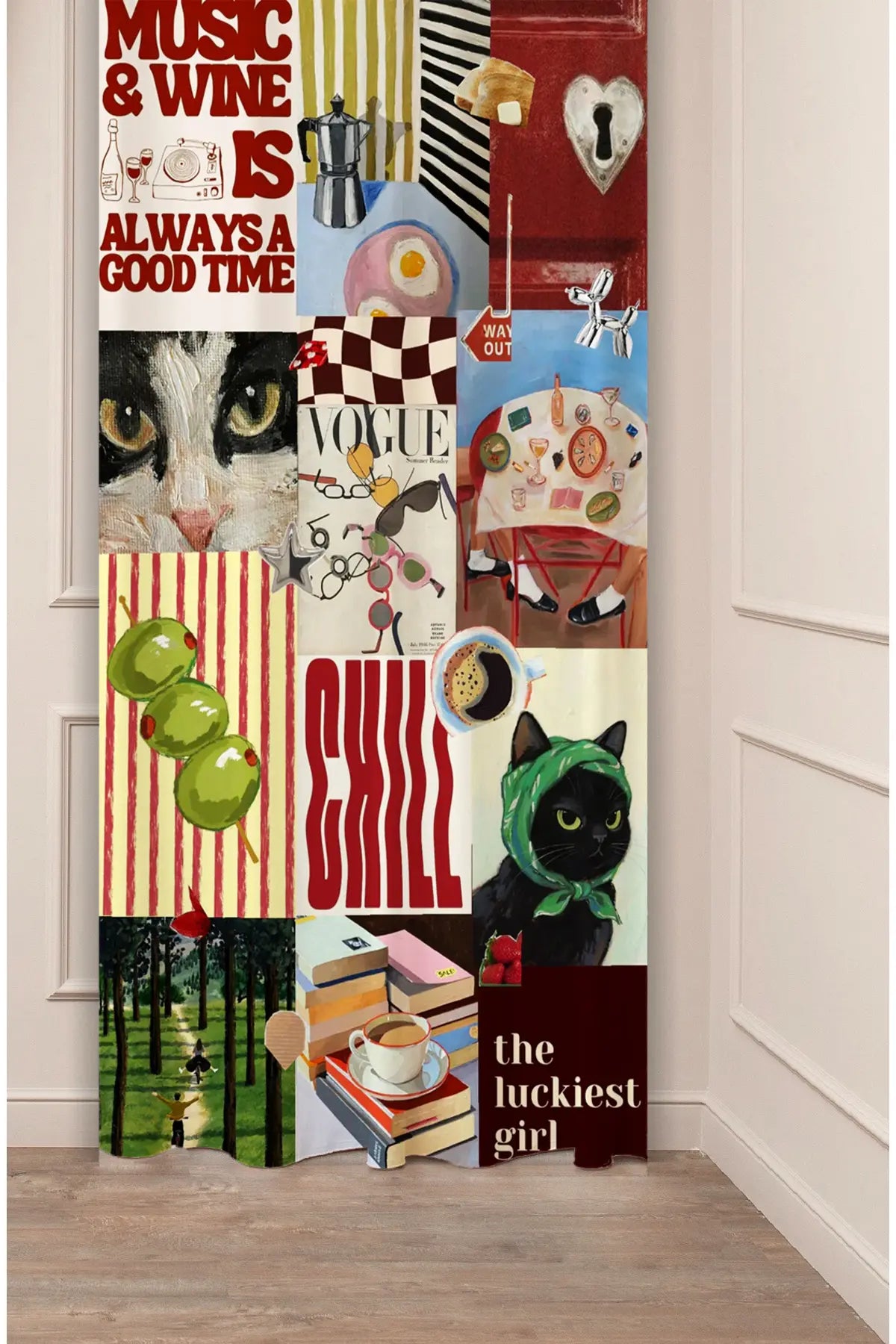 Retro Music & Wine Printed Curtains - Aesthetic Black Cat Collage Drapes