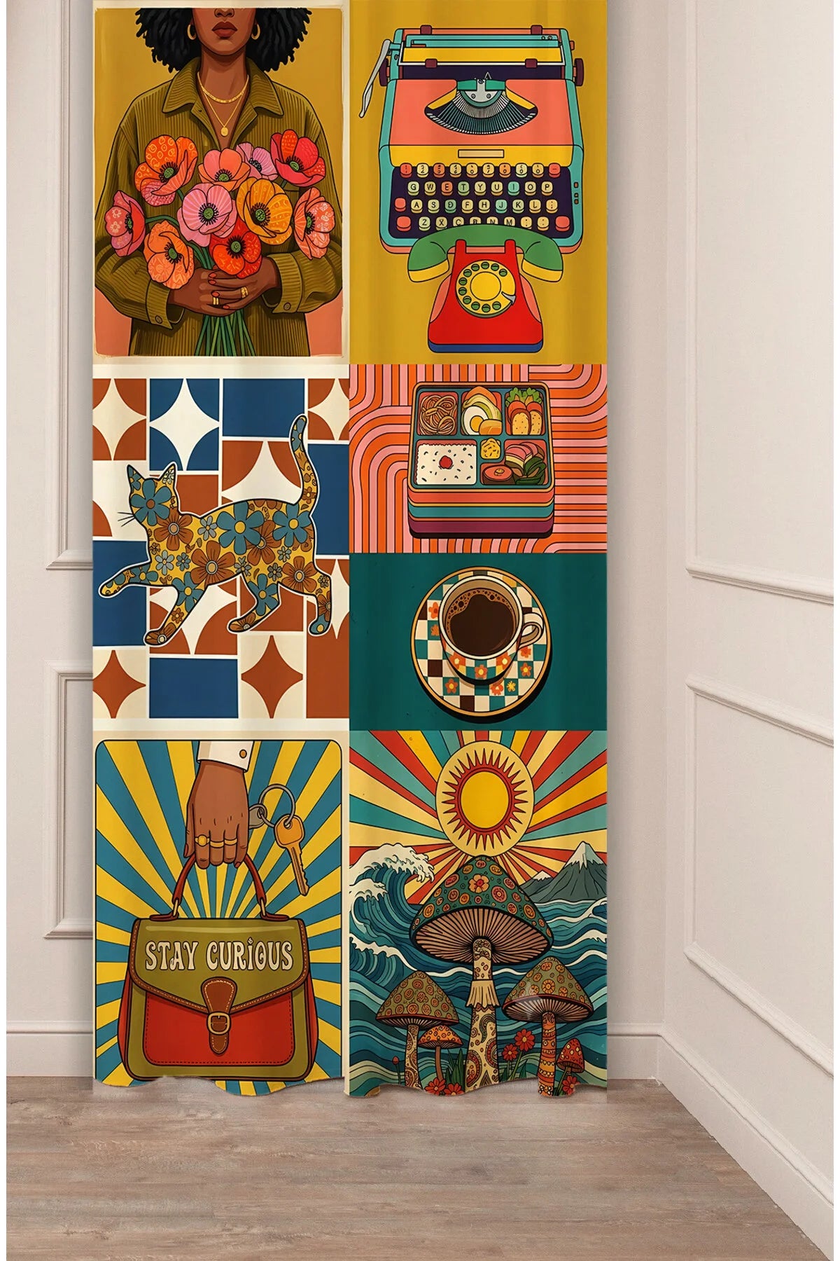 Boho Retro Typewriter Printed Curtains - Vintage Celestial & Mushroom Collage Drapes