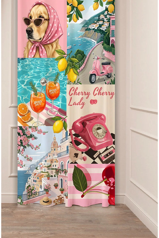 Cherry Lady Retro Collage Window Curtain | Aesthetic Pink Summer Vibe Wall Tapestry & Room Decor