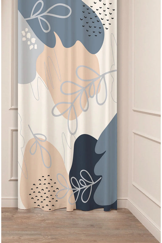 Abstract Leaf Mid-Century Modern Curtain - Navy & Beige Bohemian Digital Printed Single Panel Drape for Chic Living Room Decor