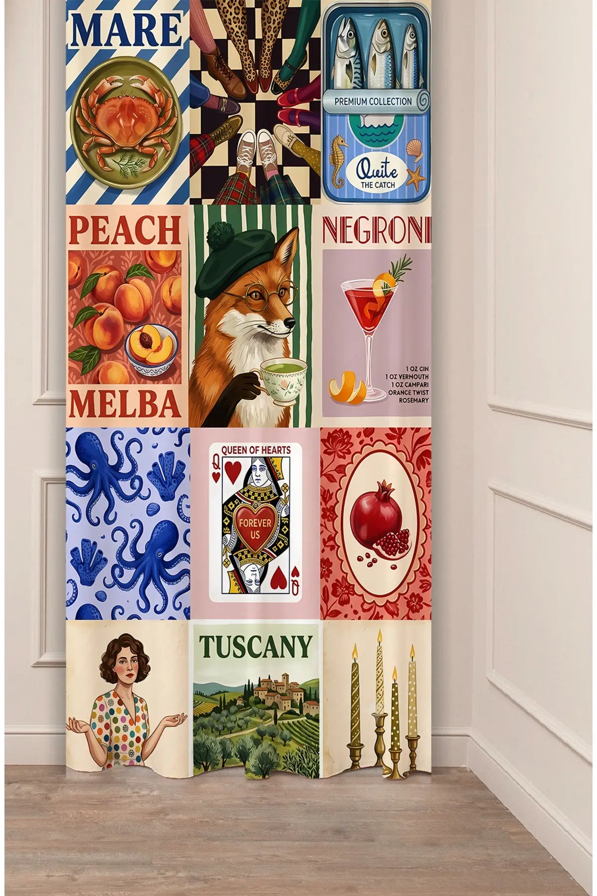 Aesthetic Moodboard Collage Window Curtain | Vintage Matchbox & Food Illustration Wall Tapestry