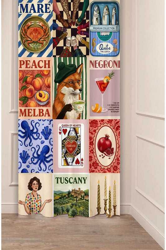 Aesthetic Moodboard Collage Window Curtain | Vintage Matchbox & Food Illustration Wall Tapestry