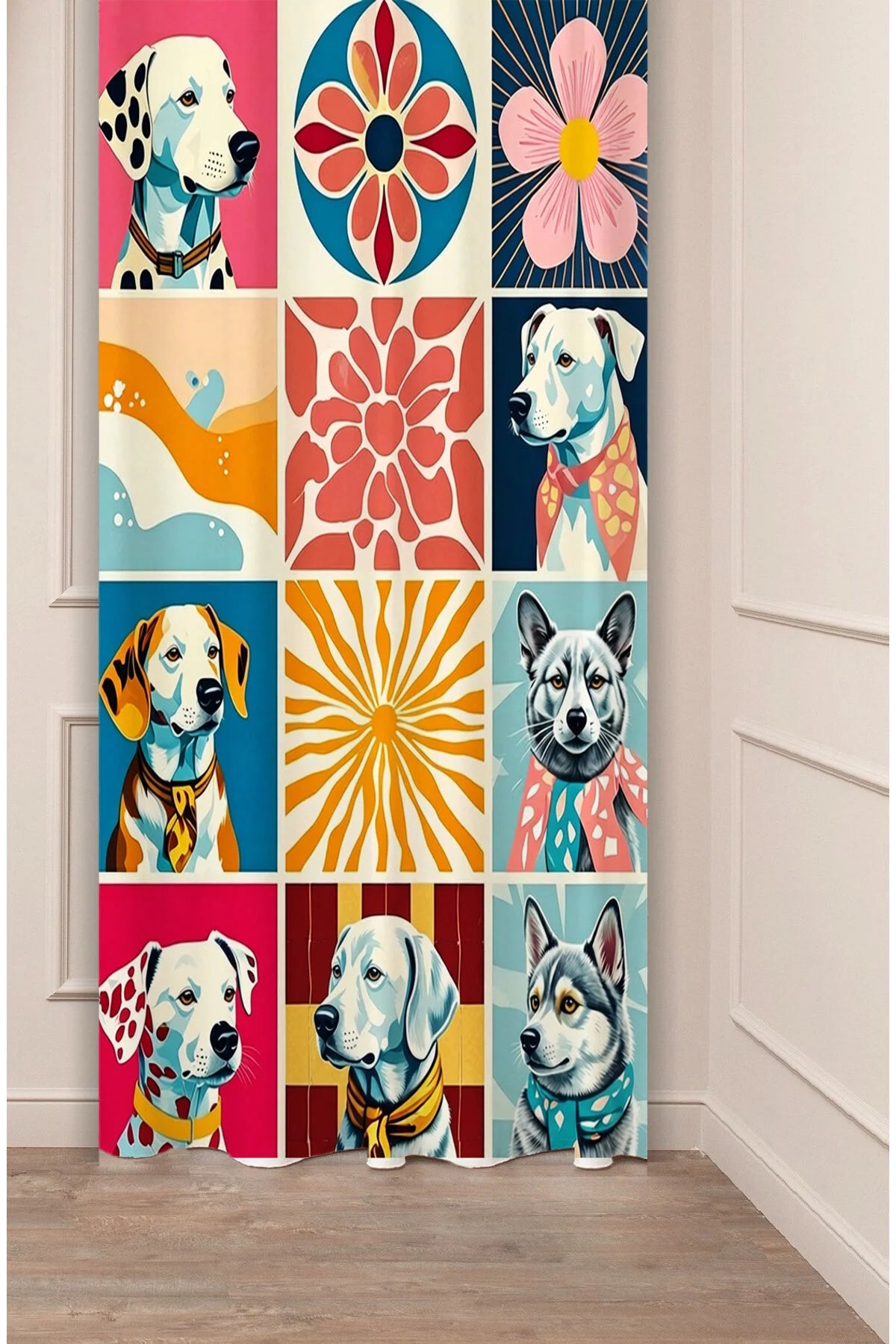 Pop Art Colorful Dog Illustration Window Curtain | Retro Floral & Dalmatians Printed Wall Tapestry