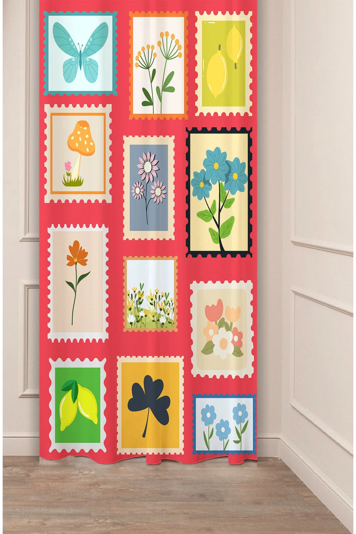 Botanical Postage Stamp Window Curtain | Retro Floral & Nature Printed Red Wall Tapestry