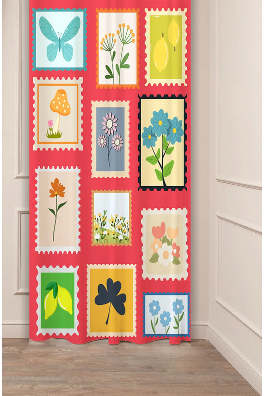 Botanical Postage Stamp Window Curtain | Retro Floral & Nature Printed Red Wall Tapestry